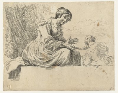 Giovane donna seduta su una pietra (serie Schapen, Animalia ad vivum delineata et aqua forti aeri impressa Studio et Arte Nicolai Berchemi) da Nicolaes Pietersz Berchem