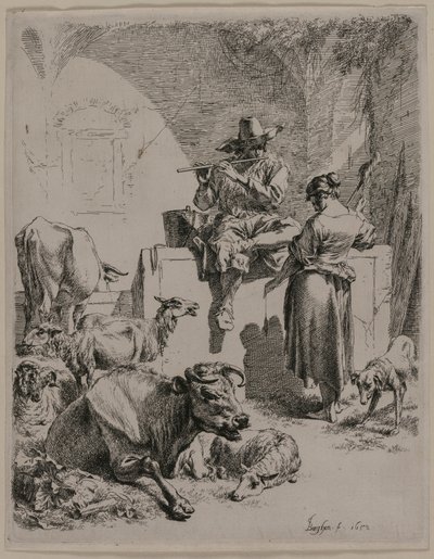 Il pastore che suona il flauto, 1652 da Nicolaes Pietersz. Berchem