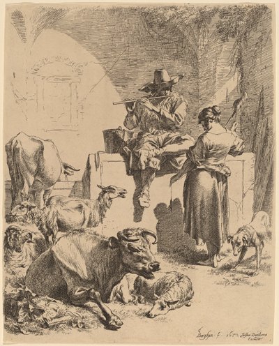 Il pastore seduto su una fontana e la filatrice da Nicolaes Pietersz Berchem