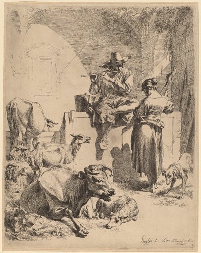 Il pastore seduto su una fontana e la filatrice da Nicolaes Pietersz Berchem