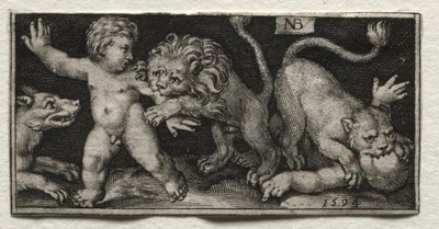 Leoni che attaccano bambini, 1594 da Nicolaes de Bruyn