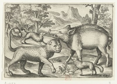 Leopardo, cinghiale e due cani da Nicolaes de Bruyn