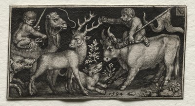 Scimmie che cavalcano un cammello e un toro, 1594 da Nicolaes de Bruyn