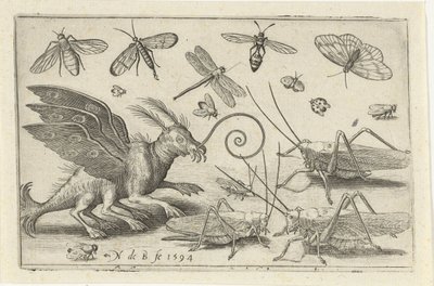 Cavallette e creatura fantastica con ali e membrane natatorie da Nicolaes de Bruyn