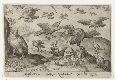 Gufo con preda assalito da altri uccelli da Nicolaes de Bruyn