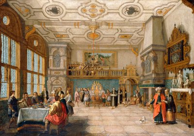 Lazzaro alla porta di una sala da banchetto con figure eleganti che cenano da Nicolaes de Gyselaer