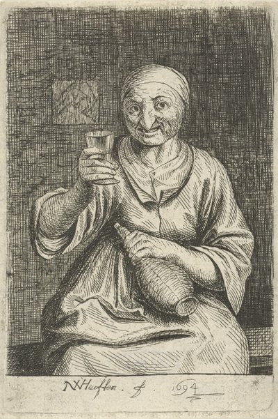 Vecchia donna con bicchiere e brocca da Nicolaes van Haeften