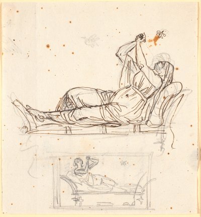 Foglio con due studi di una donna sdraiata su una panca antica da Nicolai Abildgaard