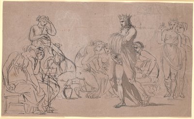 Una figura maschile incoronata mostra i suoi genitali in mezzo a una folla di donne sedute e in piedi da Nicolai Abildgaard
