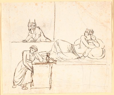 Una donna, che giace con un neonato su un letto, vede un mostro apparire alla finestra. Ai piedi del letto siede una donna addormentata da Nicolai Abildgaard