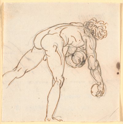 Un uomo nudo che corre (giocatore di birilli?) con pietre nelle mani, visto di spalle da Nicolai Abildgaard