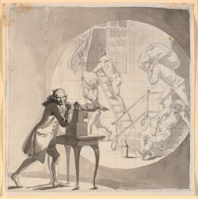 Un uomo con una lanterna magica mostra un furto che avviene sotto il naso della guardia addormentata da Nicolai Abildgaard