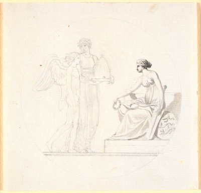 Una giovane donna con un alveare conduce un giovane alato verso una figura femminile seduta da Nicolai Abildgaard
