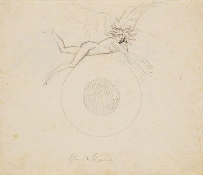 Un genio alato, fluttuante sopra un globo, indicato con un paio di archi di cerchio da Nicolai Abildgaard
