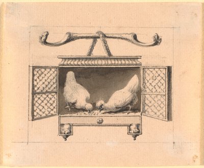 Una coppia di galline in una gabbia beccano il grano da Nicolai Abildgaard