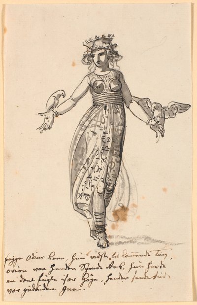 Frigga, camminando, con un paio di falchi sulle braccia tese. Alcune righe con le note dell