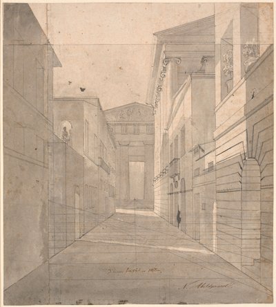 Strada in una città antica. Studio prospettico per il dipinto "Simo si confida con Sosia" da Nicolai Abildgaard