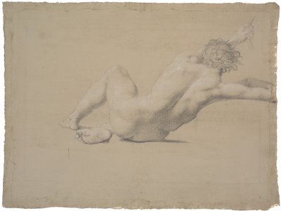 Modello semi-sdraiato visto da dietro. Braccio sinistro disteso, mano che afferra una corda. Gambe piegate, destra sotto la sinistra da Nicolai Abildgaard