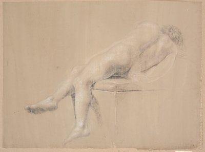 Modello semi-sdraiato su un alto plinto con cuscino. Visto da dietro. Gambe pendenti sul plinto da Nicolai Abildgaard