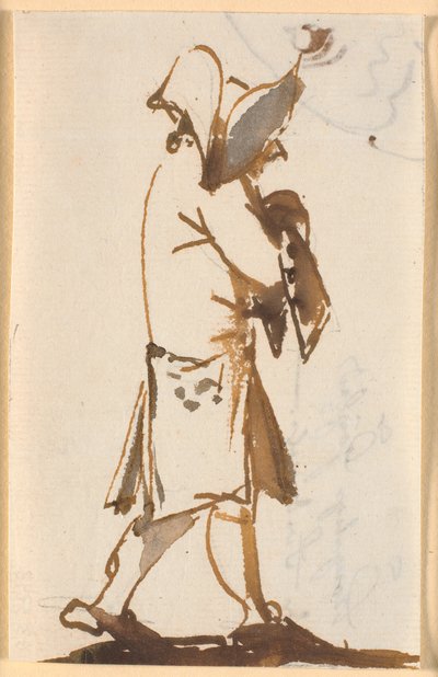 Caricatura di un uomo che cammina con cappello triangolare, di profilo a destra da Nicolai Abildgaard
