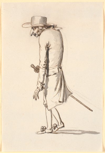 Caricatura di un uomo curvo, che cammina verso sinistra, con un bastone nella mano destra da Nicolai Abildgaard
