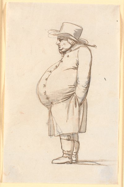 Caricatura di un uomo panciuto, in piedi di profilo a sinistra da Nicolai Abildgaard