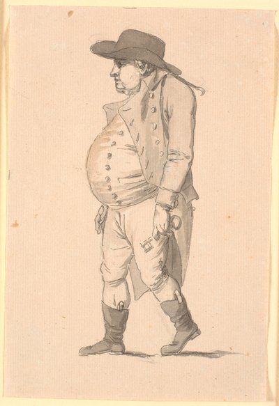 Caricatura di uomo panciuto, uomo che cammina verso sinistra, con una grande chiave nella mano sinistra da Nicolai Abildgaard