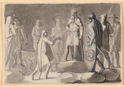 Bozzetto compositivo; un re, circondato da guerrieri in un tingsted, conferisce una spada da cavaliere a un uomo da Nicolai Abildgaard