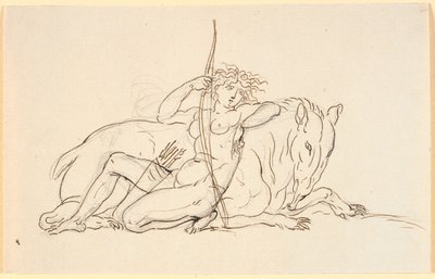 Figura femminile con frecce e faretra, seduta appoggiata a un animale fantastico (forse un formichiere). Allegoria dell