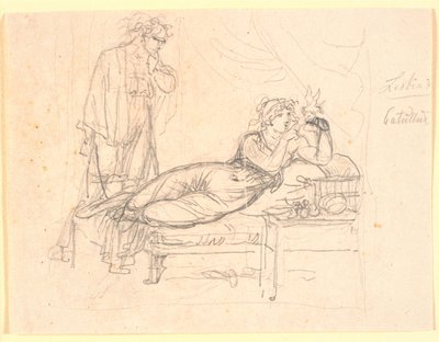 Lesbia e Catullo. Lesbia sdraiata, tenendo un uccello nella mano sinistra. Catullo sta dietro da Nicolai Abildgaard