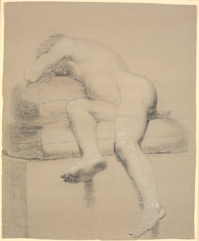 Modello maschile sdraiato, visto in scorcio dai piedi da Nicolai Abildgaard