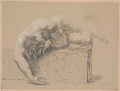 Modello sdraiato su plinto con cuscino. A destra. Braccio destro appeso oltre il plinto. Braccio sinistro sotto la testa. Capelli lunghi pendenti da Nicolai Abildgaard