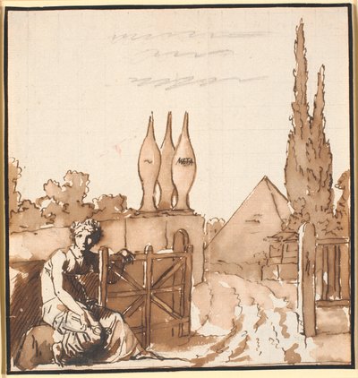 Il traguardo della vita. Disegno allegorico. Una donna apre il cancello di un cimitero con una metopa e una piramide da Nicolai Abildgaard