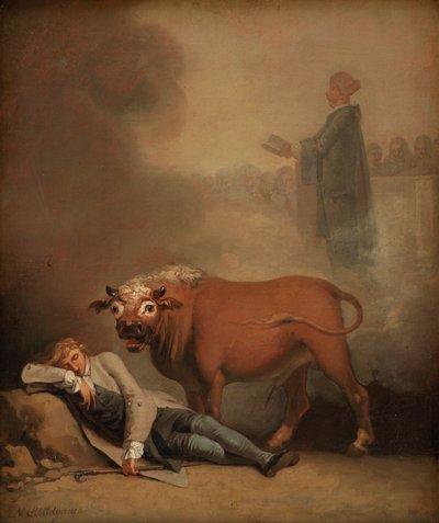 Niels Klim pensa di sentire il diacono quando viene svegliato da un toro da Nicolai Abildgaard