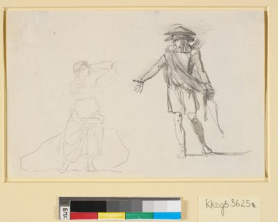 Scena tra due figure. A sinistra una donna seduta con il busto nudo, a destra un uomo che cammina con arco e faretra da Nicolai Abildgaard