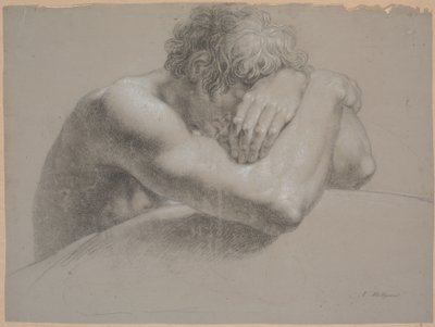 Parte superiore del corpo di un modello seduto. Braccia incrociate. Testa parzialmente nascosta dalla mano sinistra da Nicolai Abildgaard