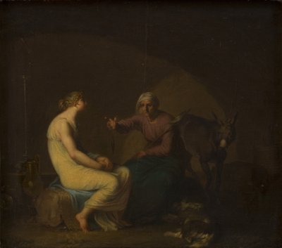 La governante della banda di ladri consola la giovane ragazza raccontando il mito di Amore e Psiche. Motivo da Apuleio: L