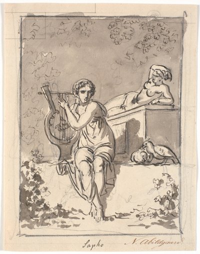 Saffo, seduta con la sua lira, sullo sfondo riposa un ermafrodito da Nicolai Abildgaard