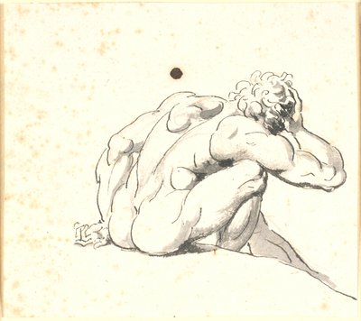 Uomo seduto piegato in avanti, visto da dietro con la mano destra alla testa da Nicolai Abildgaard