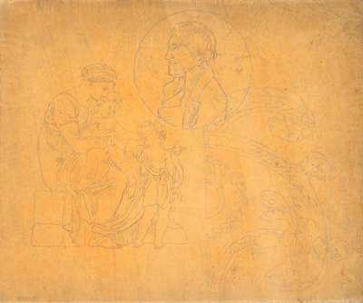 Donna seduta con due bambini e ritratto di profilo in composizione circolare da Nicolai Abildgaard