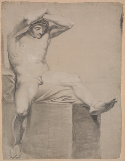Modello seduto su un alto piedistallo con cuscino. Vista frontale. Braccia sollevate e incrociate sopra la testa. Gamba sinistra distesa e leggermente piegata da Nicolai Abildgaard