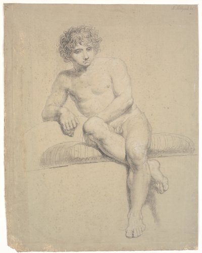 Modello seduto su plinto basso con cuscino. Vista frontale. Gambe incrociate da Nicolai Abildgaard
