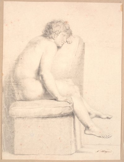 Modello seduto su plinto con cuscino. Profilo a destra. Testa appoggiata sul braccio sinistro. Gambe non toccano il pavimento da Nicolai Abildgaard