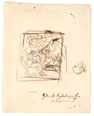 Genio alato seduto, sullo sfondo alberi; a destra una testa caricaturale da Nicolai Abildgaard