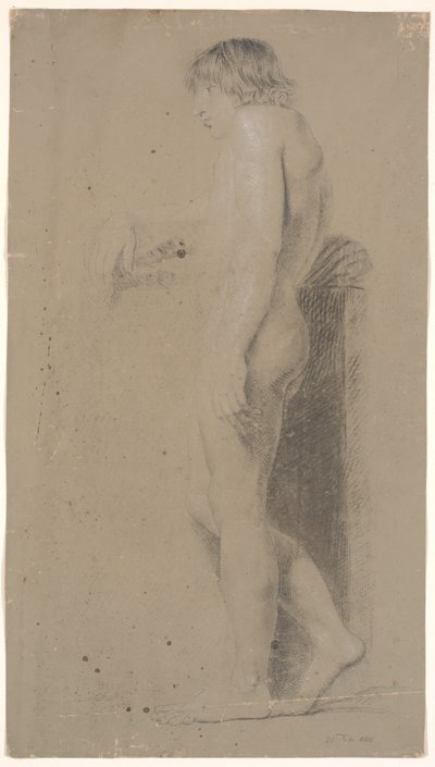 Modello maschile in piedi. Profilo a sinistra. Appoggiato a un alto plinto. Braccio destro esteso da Nicolai Abildgaard