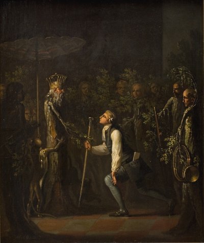 I Potuani sono sorpresi di vedere Niels Klim inginocchiarsi davanti al Saggio Principe da Nicolai Abildgaard