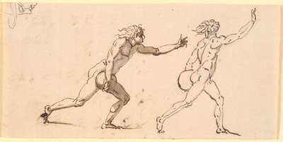 Due uomini nudi, correndo verso destra, ciascuno con una grande pietra in una mano, e uno schizzo di un volto di profilo da Nicolai Abildgaard