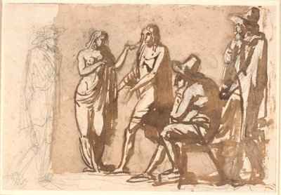 Tre gentiluomini in abiti del XVII secolo osservano una giovane coppia classica da Nicolai Abildgaard