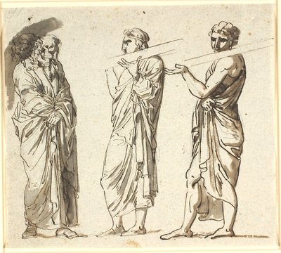 Tre uomini in piedi, due giovani portano una tavola sulla spalla, il terzo più anziano in posizione pensierosa da Nicolai Abildgaard