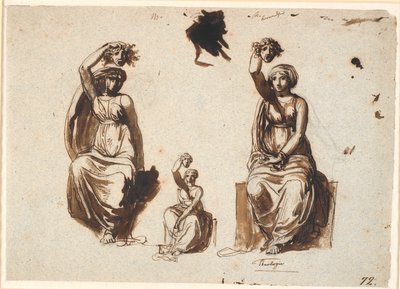 Tre studi per una figura femminile allegorica seduta con una testa di Medusa sollevata nella mano destra da Nicolai Abildgaard